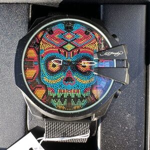 NEW Mens Gunmetal Charcoal Matte Mesh Band Ed Hardy Watch